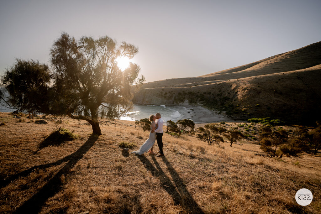 A wedding couple beside a lone tree on a coastal hillside