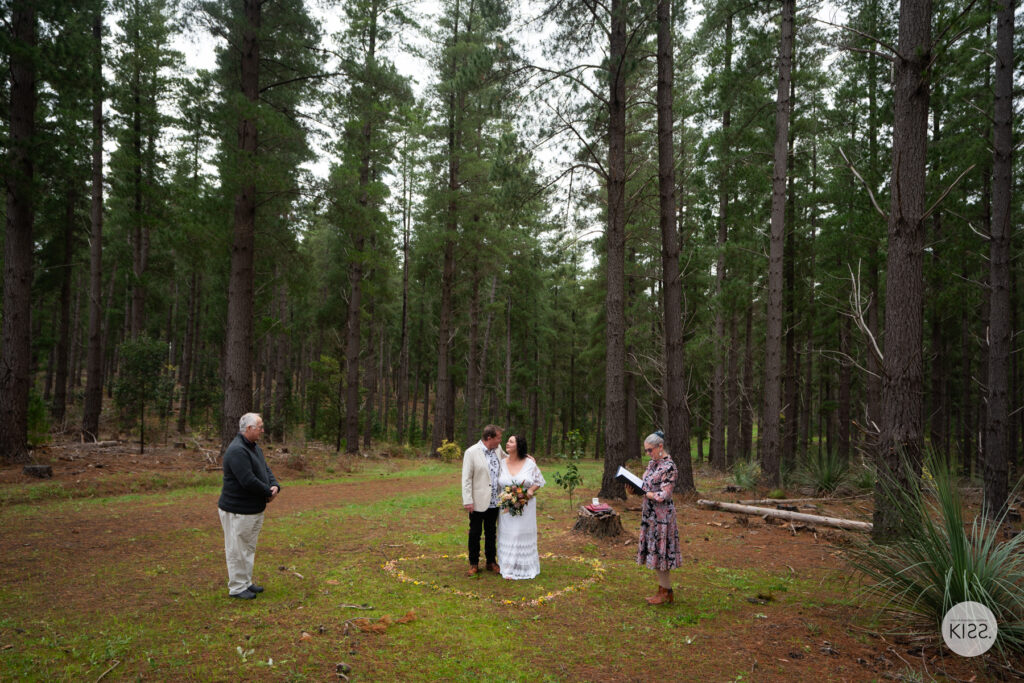 A small wedding ceremony surrounded by pine trees