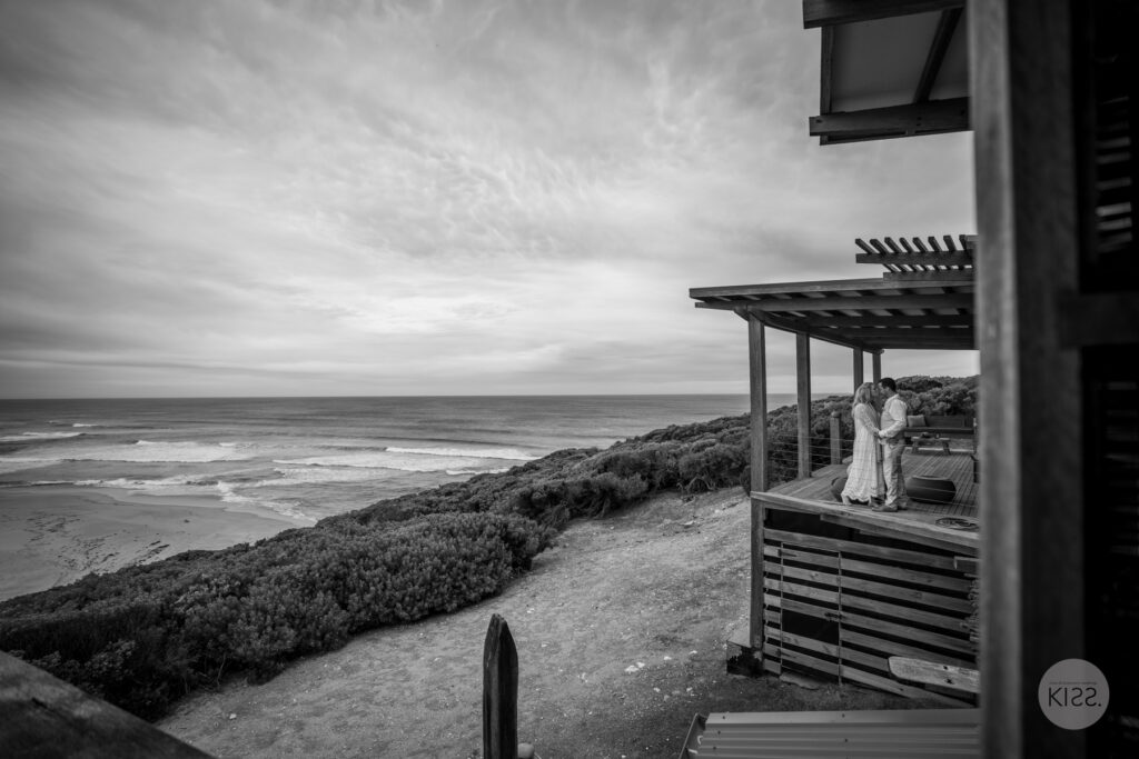 Coastal accommodation and ocean views in black and white