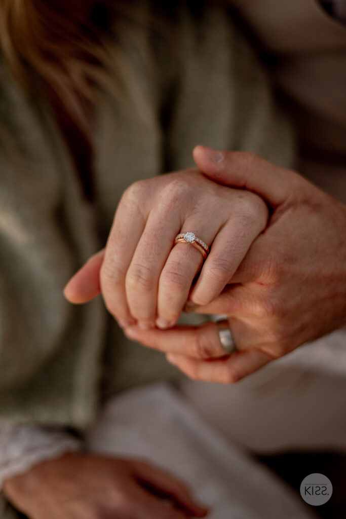 Close-up of a wedding ring on joined hands