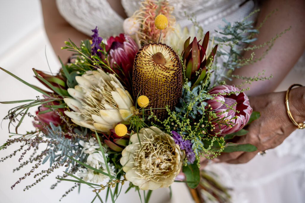 Native wedding bouquet with banksias, proteas and foliage