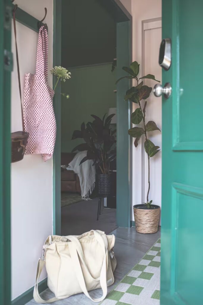 Bathroom viewed through a green doorway