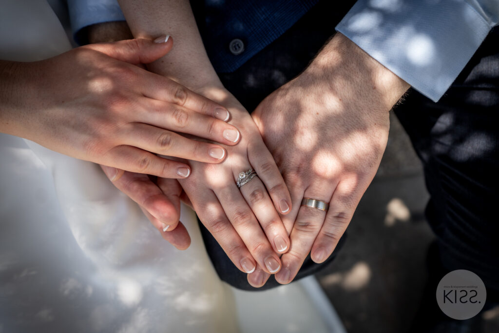 Close-up of a couple's hands and wedding rings