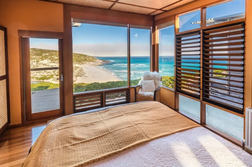 Bedroom overlooking the beach and ocean on Kangaroo Island