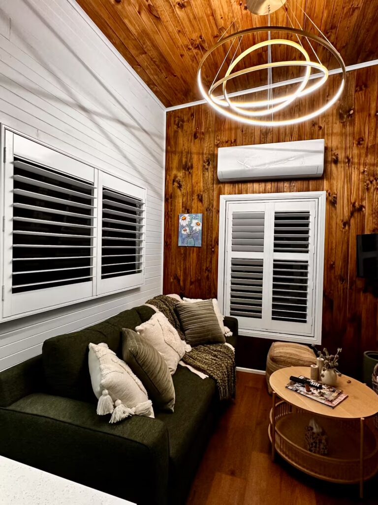 Tiny house living room at The Coachman’s Rest elopement stay Myponga