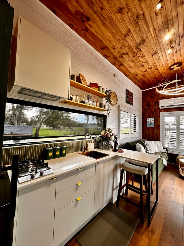 Tiny house kitchen at The Coachman’s Rest elopement stay Myponga
