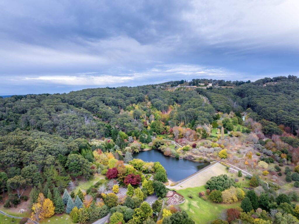 Aerial view of gardens and a lake in the Adelaide Hills