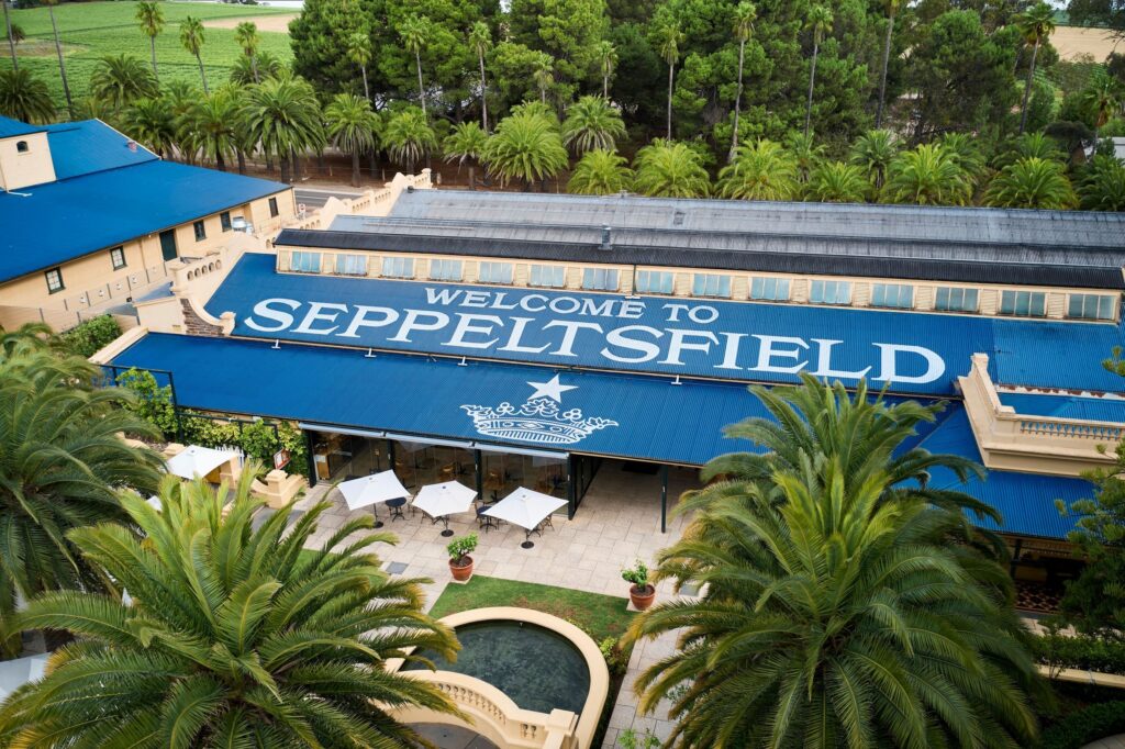 Seppeltsfield winery buildings and palms viewed from above