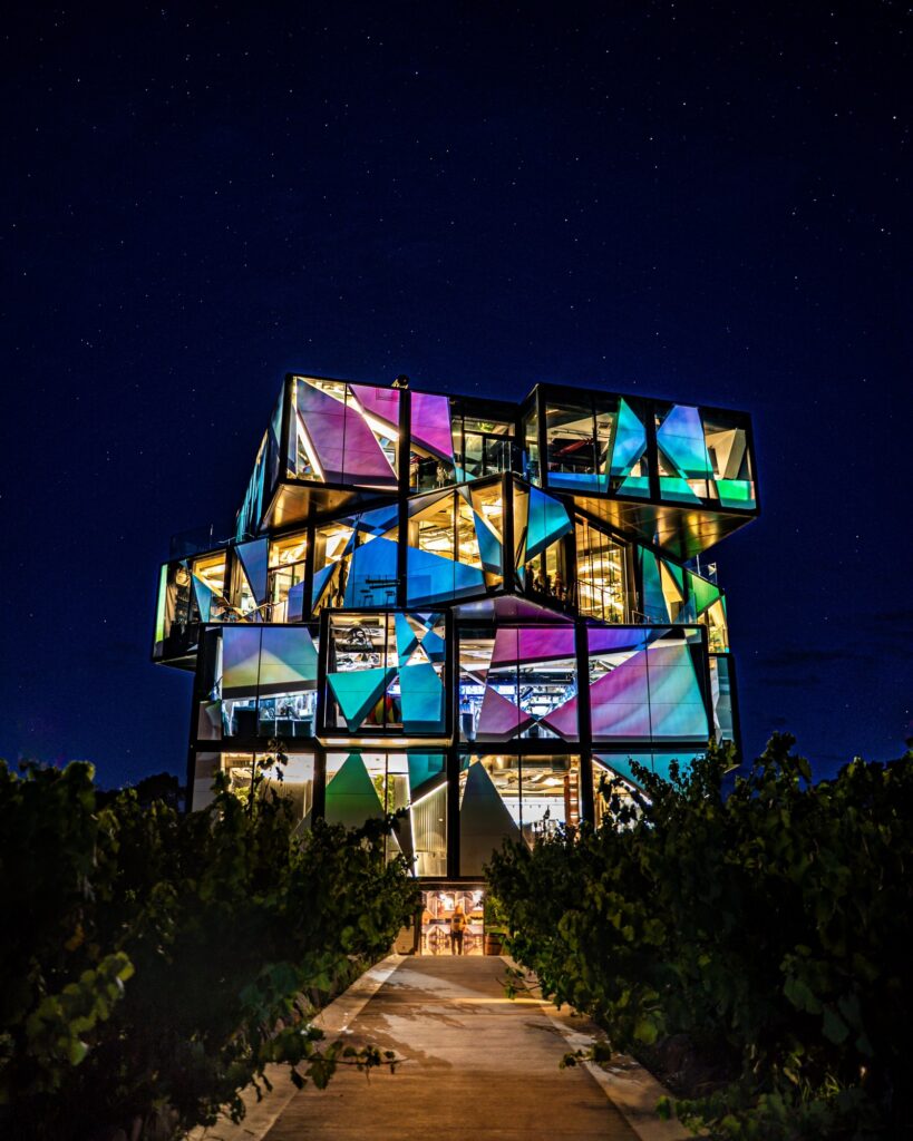 The illuminated d'Arenberg Cube beneath a night sky in McLaren Vale.