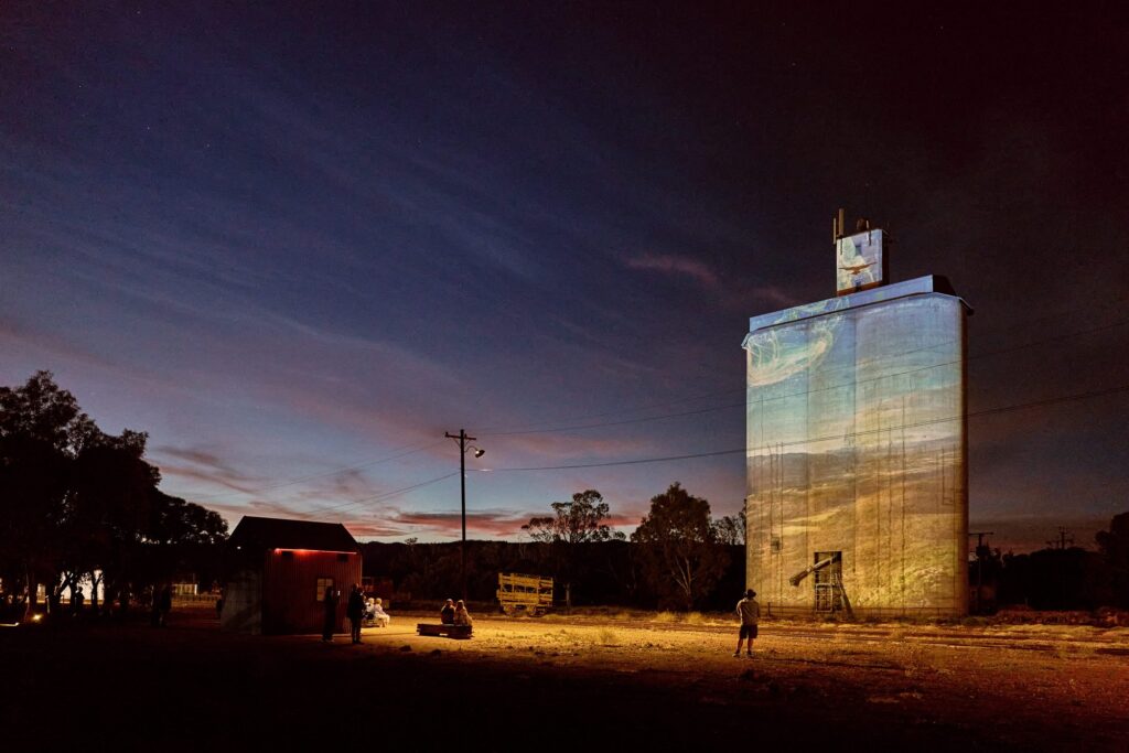 Illuminated silos at the Quorn Silo Light Show.