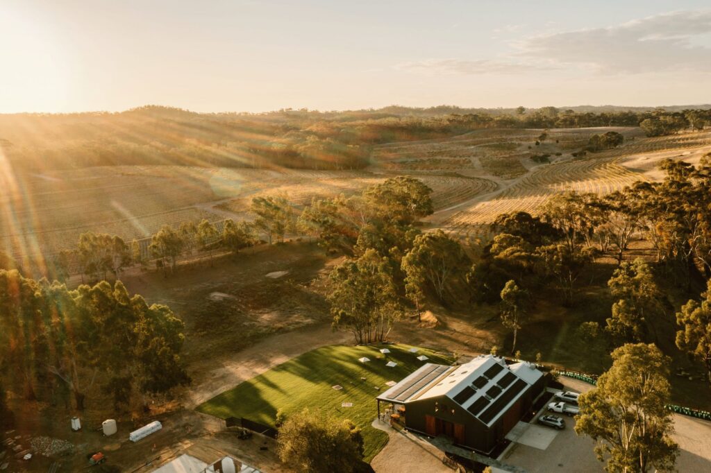 Aerial view of Skillogalee among the Clare Valley hills