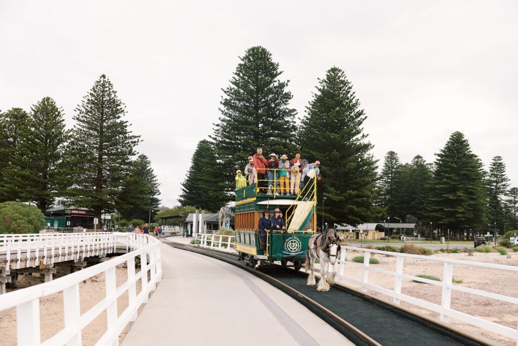 Horse-drawn tram leaving Victor Harbor along the causeway.