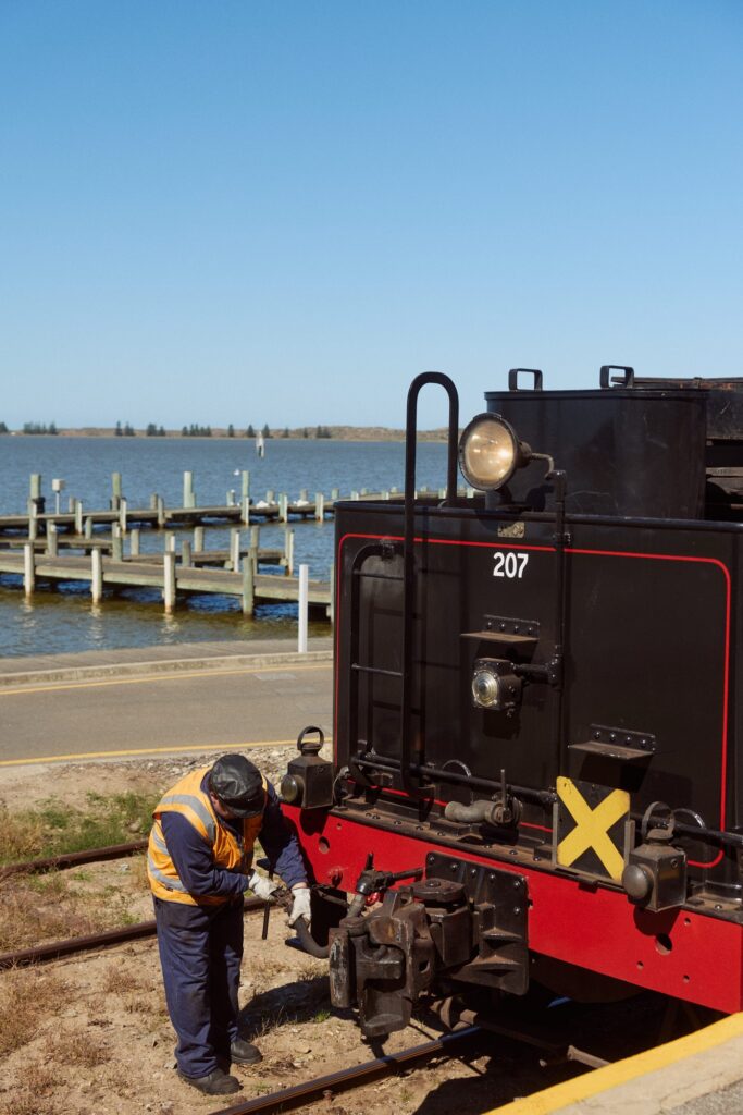 The Cockle Train beside the waterfront at Victor Harbor.