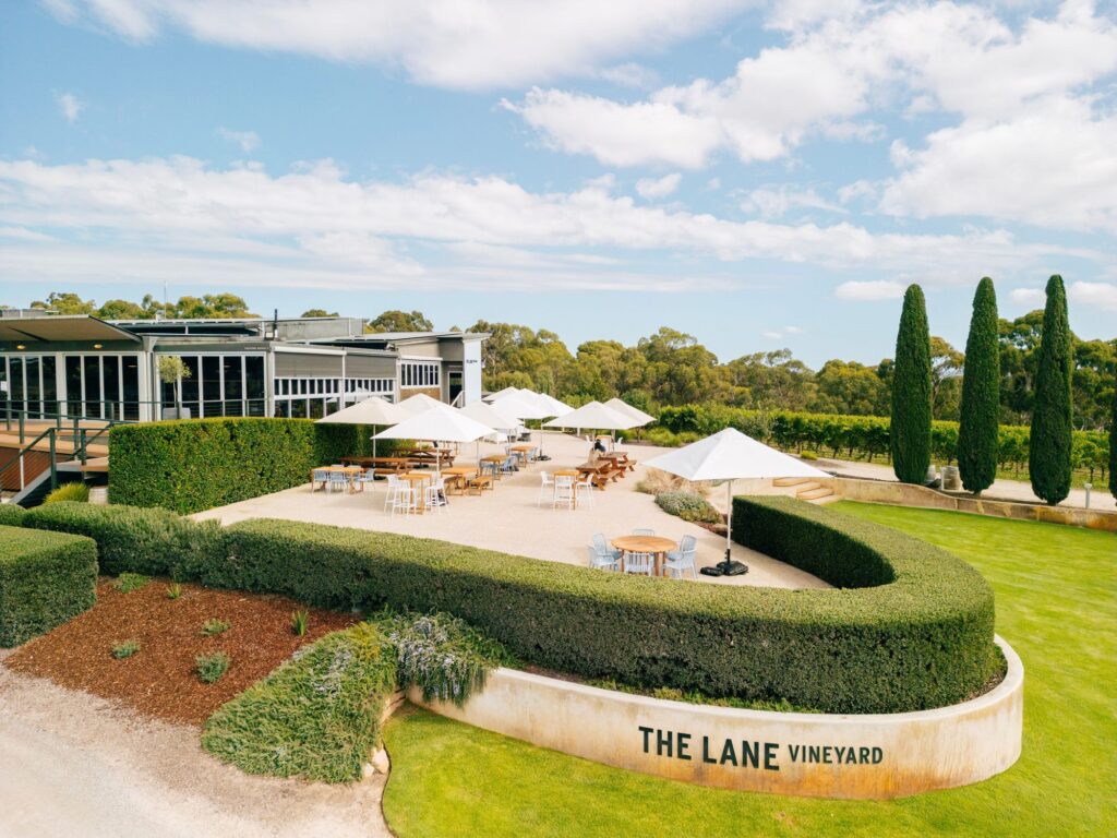 The Lane Vineyard terrace and lawns in the Adelaide Hills.