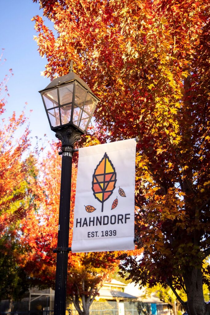 Hahndorf banner and street lamp beneath autumn leaves.