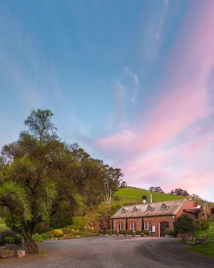 Bethany Wines cellar door beneath a pink evening sky.