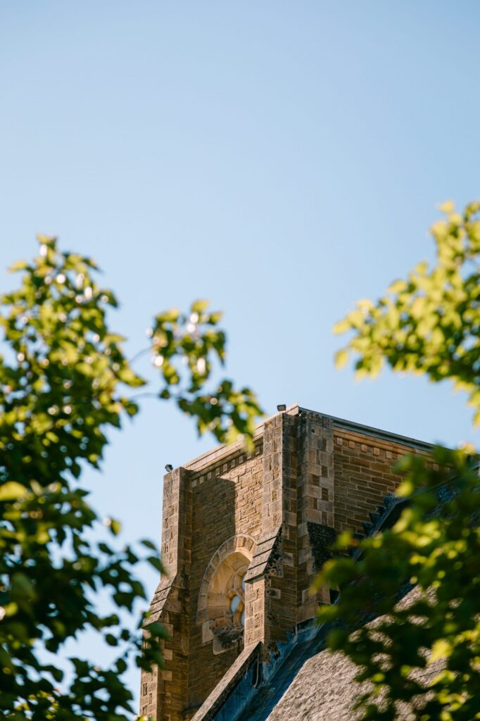 Stone building framed by vines at Sevenhill Cellars.