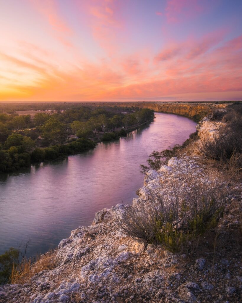 Sunset over the Murray River cliffs at Big Bend Lookout, Nildottie.